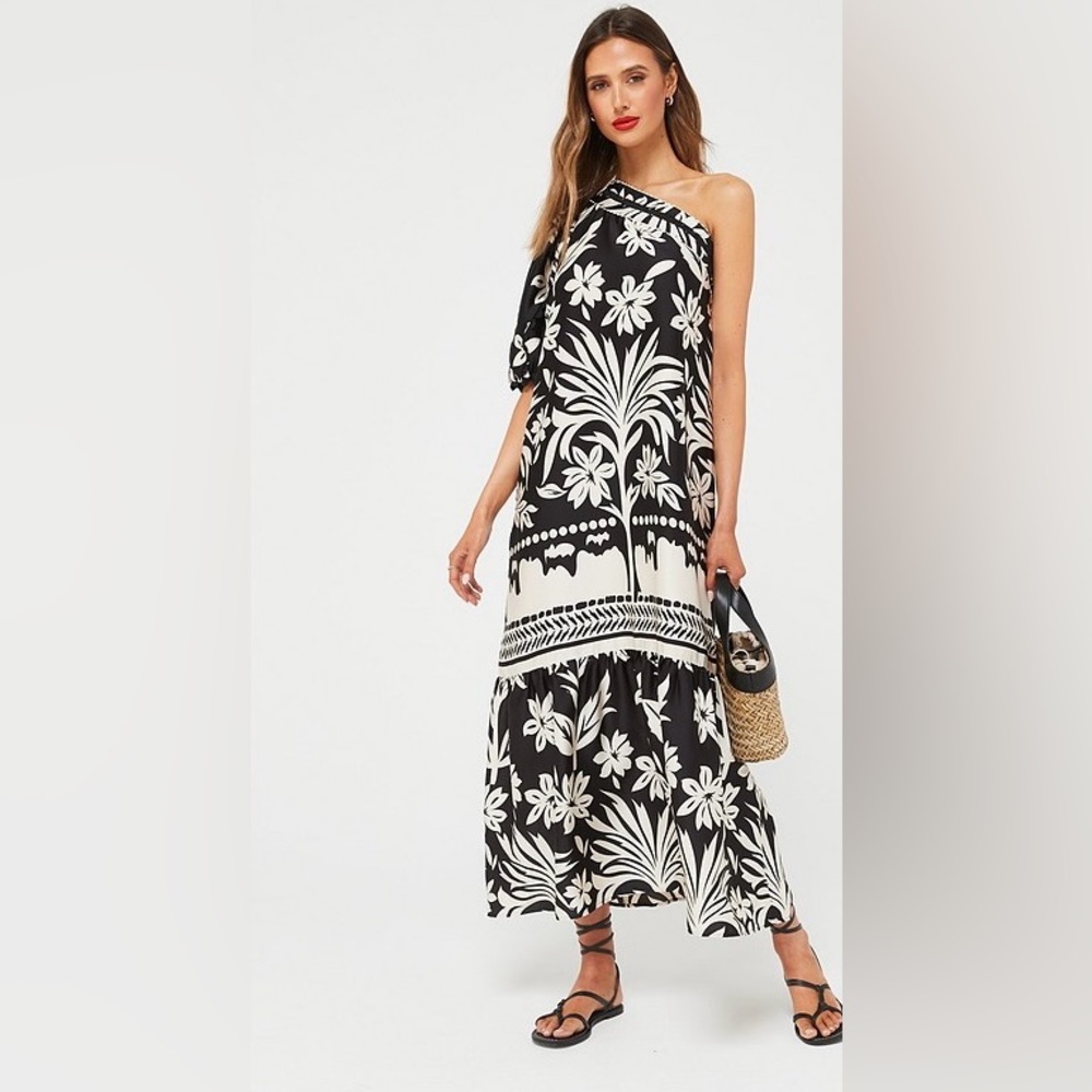 Mango Black and Cream One Shoulder Dress